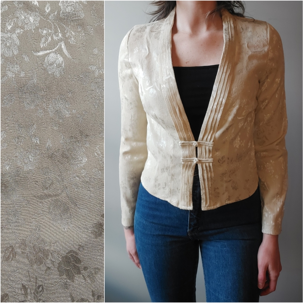 Vintage Brocade Jacket Rayon Crepe Light Weight Chinese Knot Tan Beige Cream